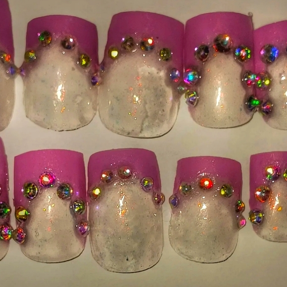 Pink French with Rinestones Press on Nails & Top Coat - Picture 2 of 4